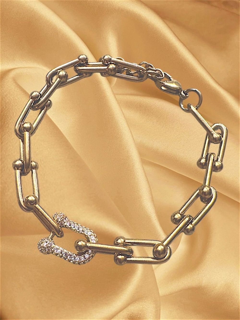 Gold Chain Link Bracelet with Pave U Accent - Women Jewelry